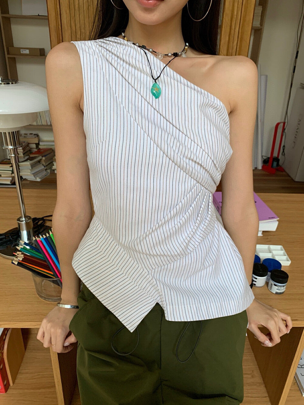 不規則條紋無袖恤衫