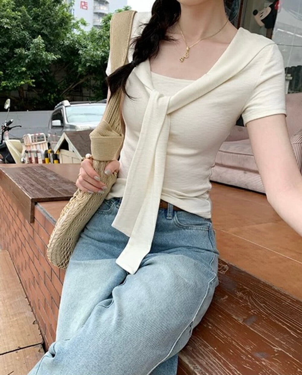 Structured Shoulder Tie Slim-Fit Cape Short Sleeve