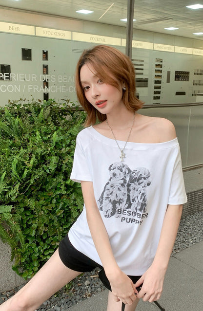 復古狗狗印花斜肩短袖