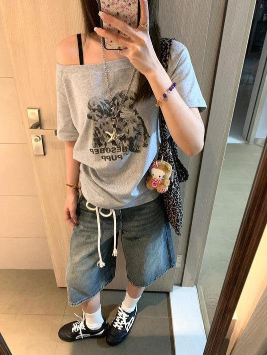 復古狗狗印花斜肩短袖