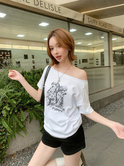 復古狗狗印花斜肩短袖