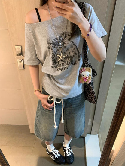 復古狗狗印花斜肩短袖