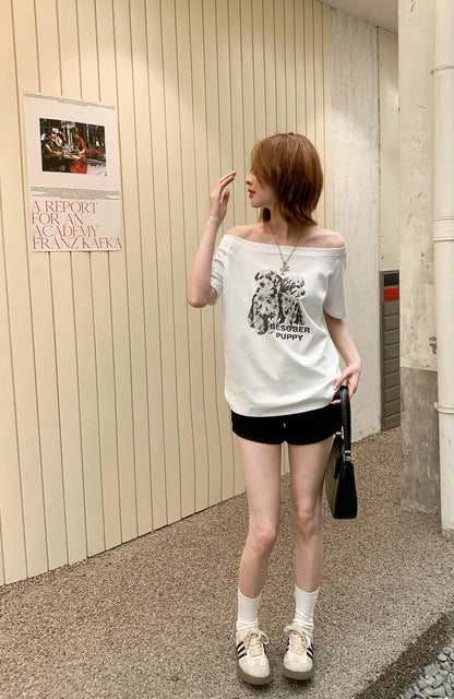 復古狗狗印花斜肩短袖