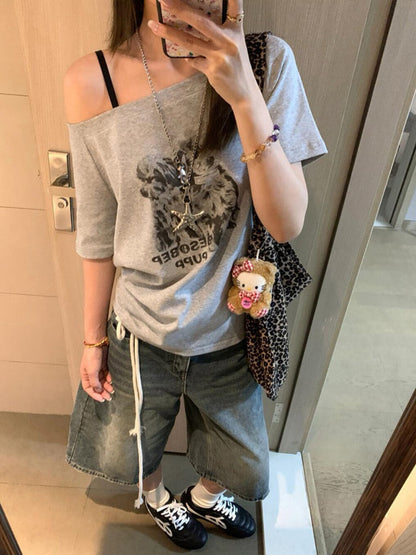 復古狗狗印花斜肩短袖