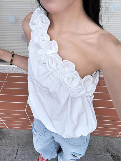 斜肩花苞無袖小衫