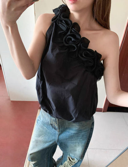 斜肩花苞無袖小衫