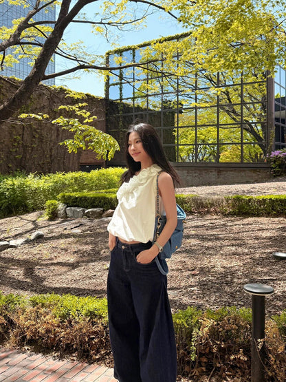 斜肩花苞無袖小衫