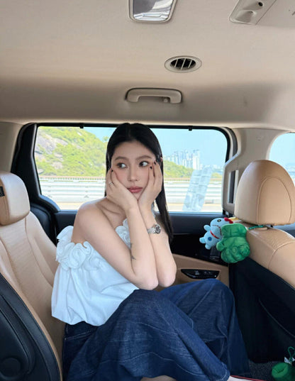 斜肩花苞無袖小衫