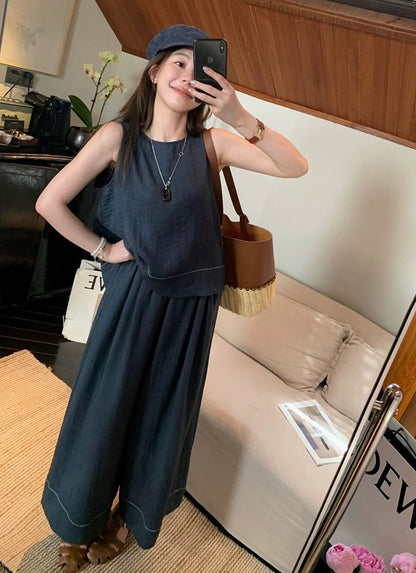 鏤空露背顯瘦小衫+鬆緊腰A字闊腿褲set