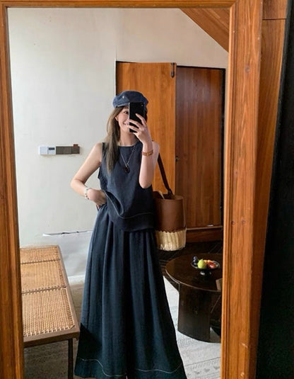 鏤空露背顯瘦小衫+鬆緊腰A字闊腿褲set