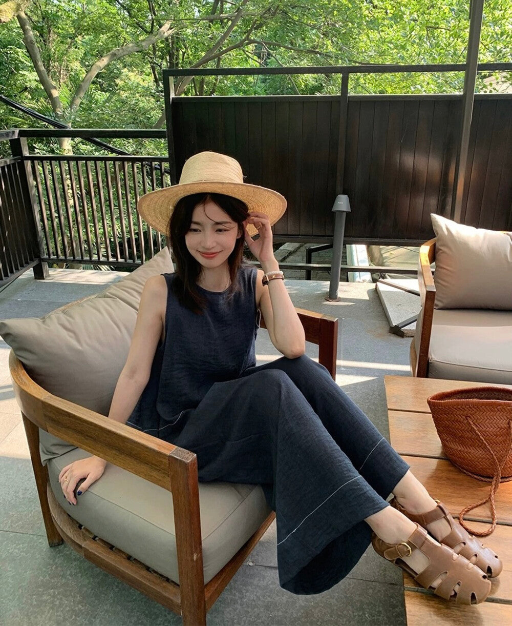 鏤空露背顯瘦小衫+鬆緊腰A字闊腿褲set