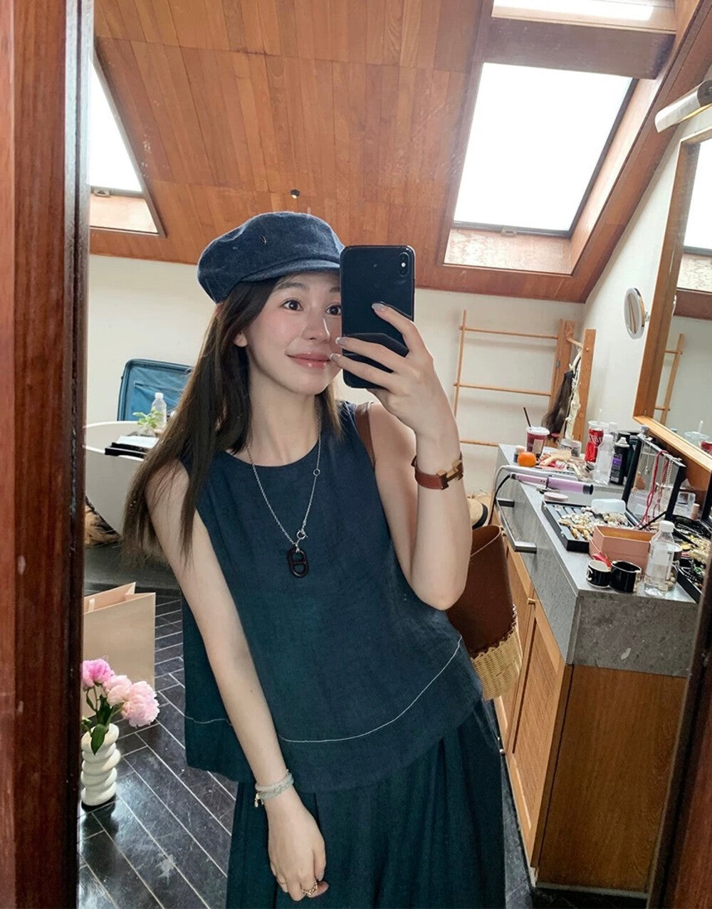 鏤空露背顯瘦小衫+鬆緊腰A字闊腿褲set