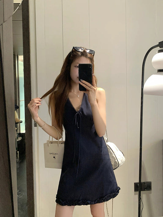 V-neck Tie Ruffle Tank Dress