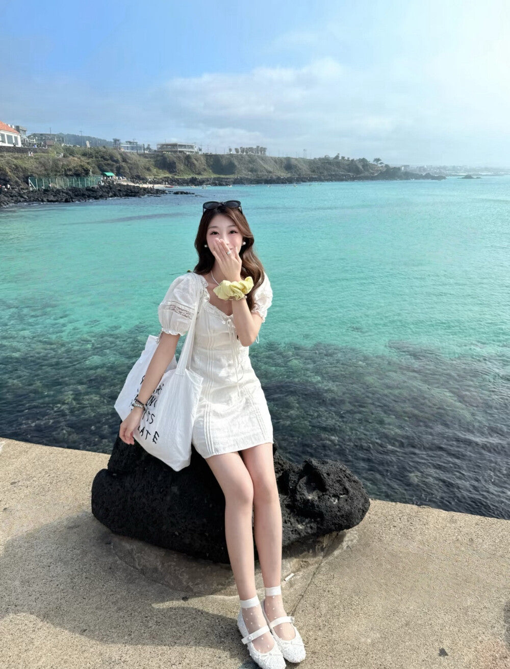 Elegant Lace Trim Puff Sleeve Dress