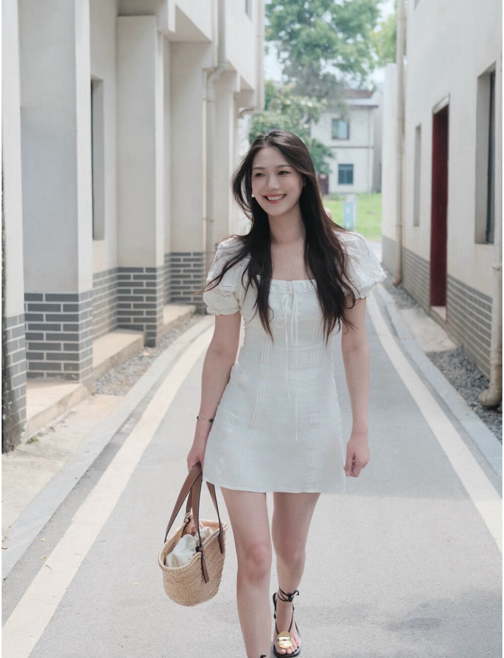 Elegant Lace Trim Puff Sleeve Dress