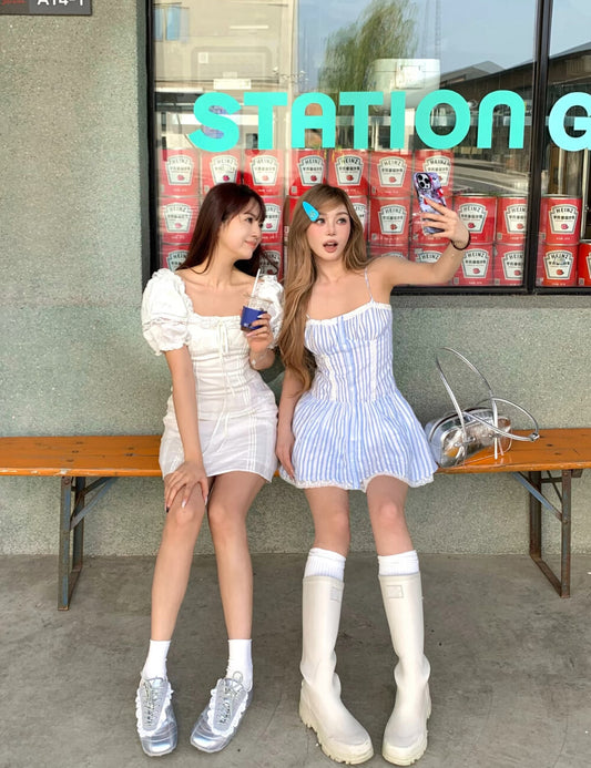 氣質蕾絲花邊泡泡袖連身裙