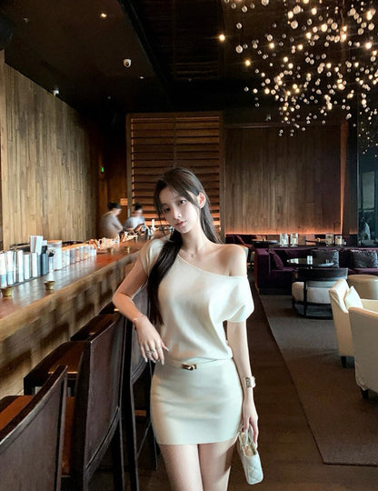 ワンショルダーウエストシェイプニットワンピース