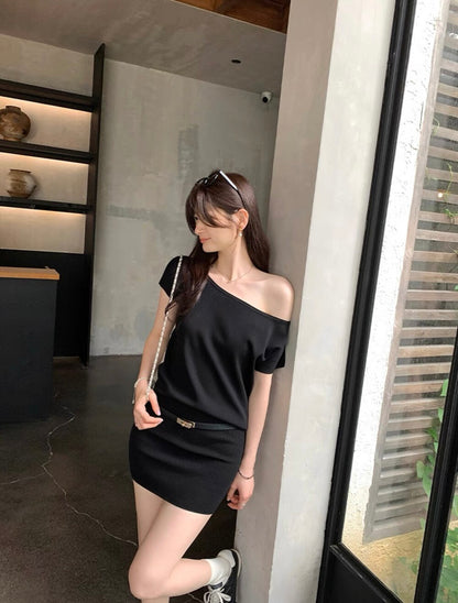 ワンショルダーウエストシェイプニットワンピース