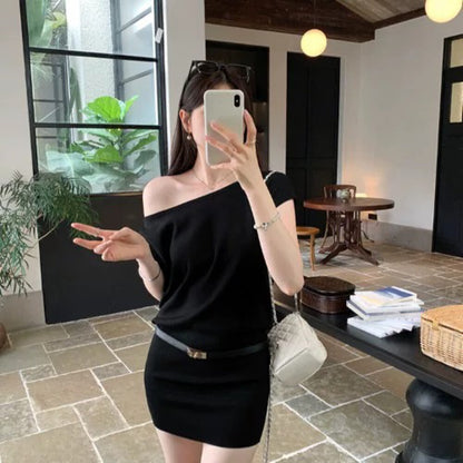 ワンショルダーウエストシェイプニットワンピース