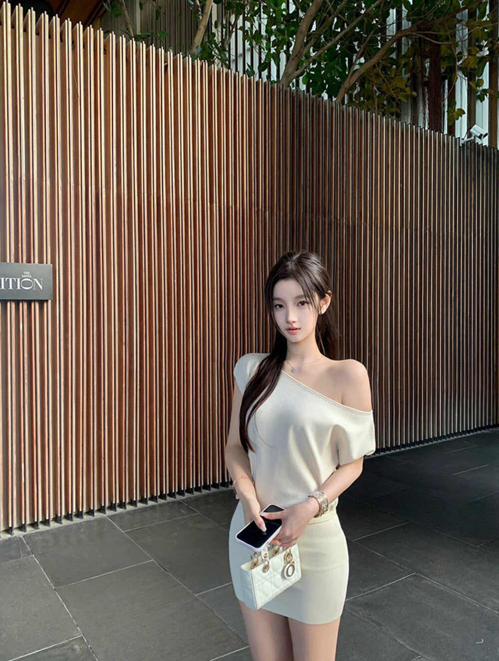 ワンショルダーウエストシェイプニットワンピース