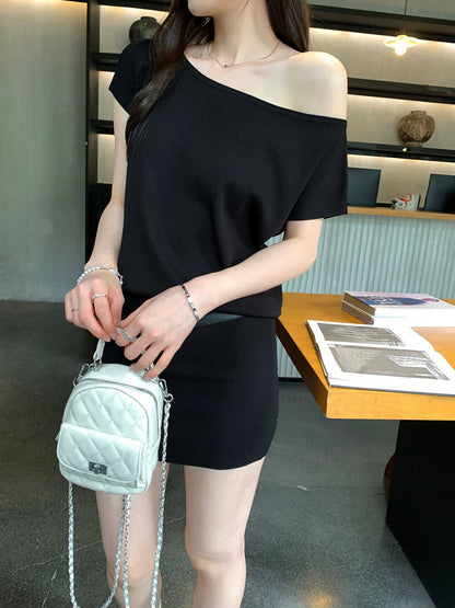 ワンショルダーウエストシェイプニットワンピース