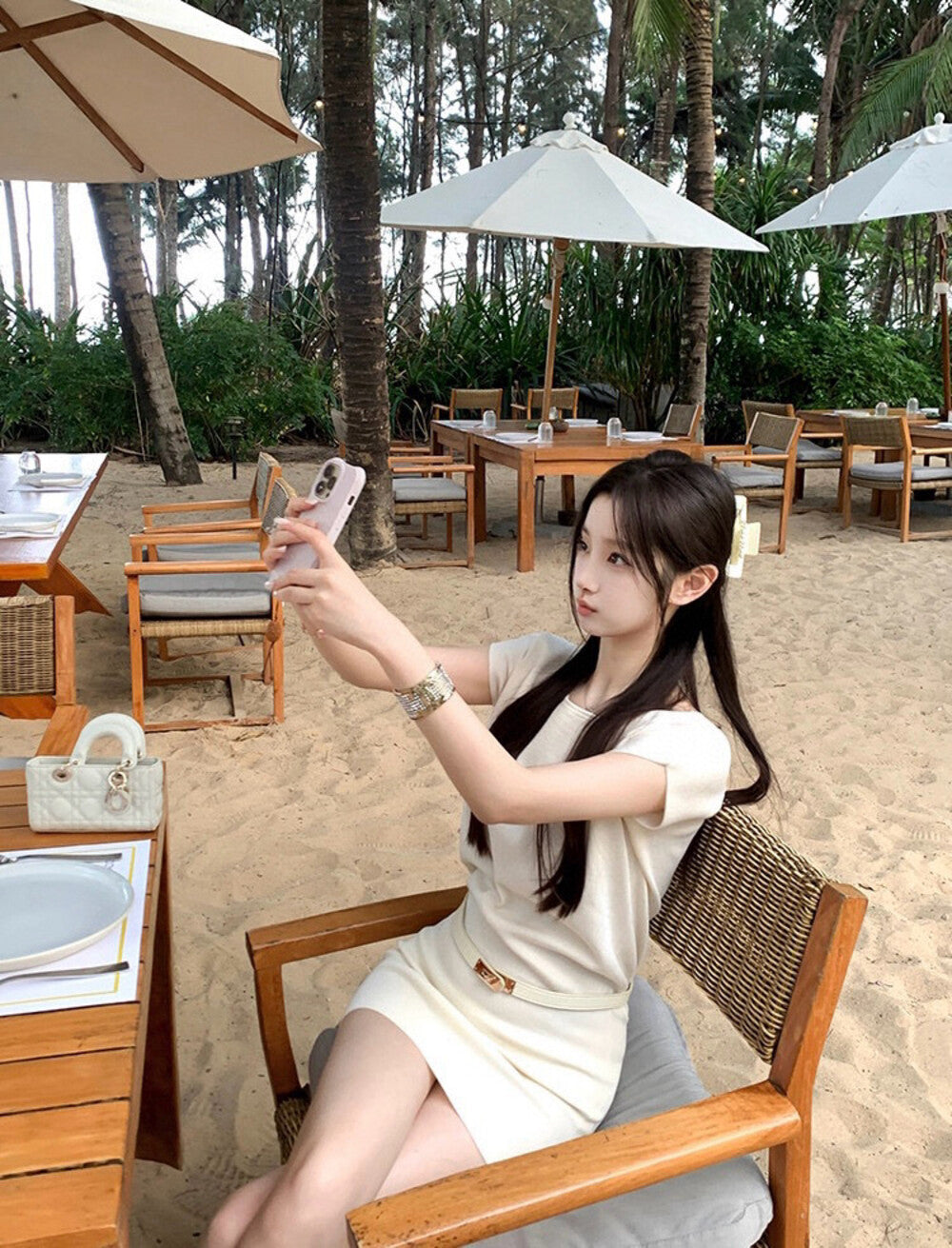 ワンショルダーウエストシェイプニットワンピース