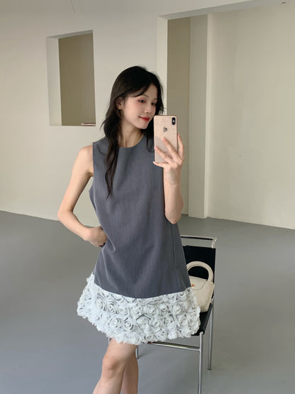 拼接立體花背心裙