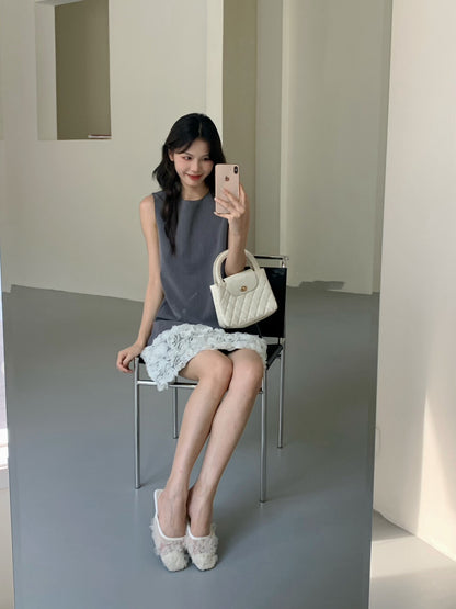 拼接立體花背心裙