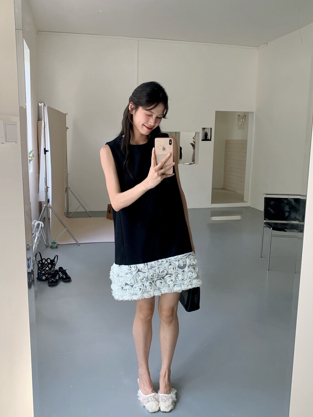 拼接立體花背心裙