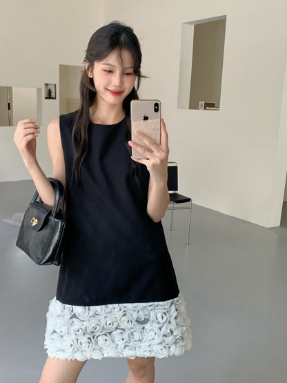 拼接立體花背心裙