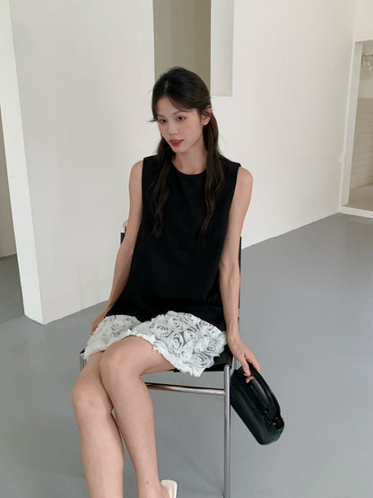 拼接立體花背心裙