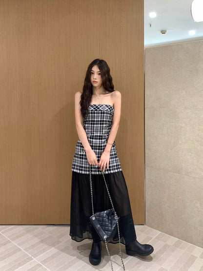 チェック柄パッチワークチュールビスチェワンピース