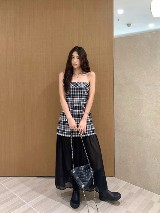 格子拼接網紗抹胸連身裙