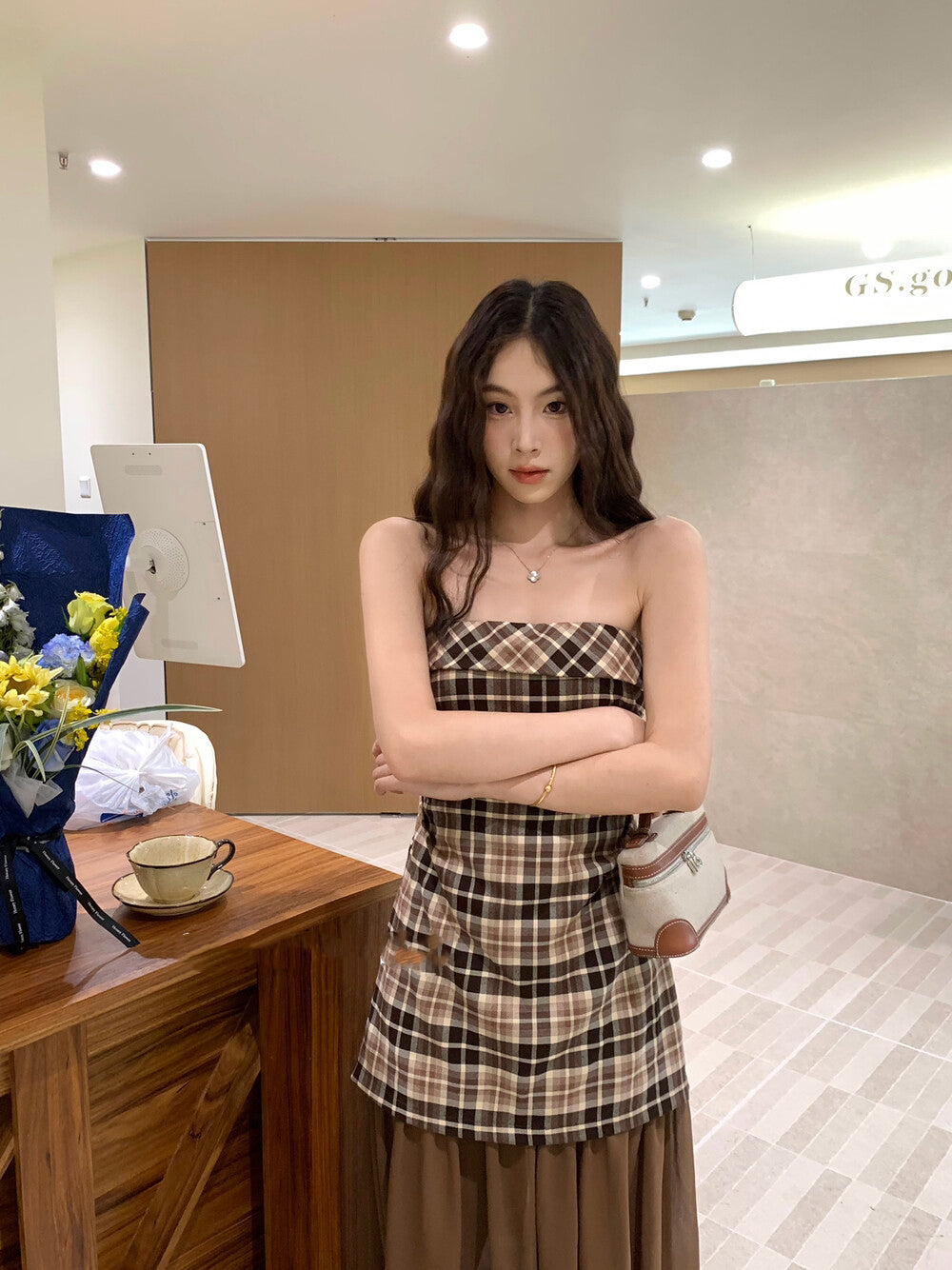 チェック柄パッチワークチュールビスチェワンピース