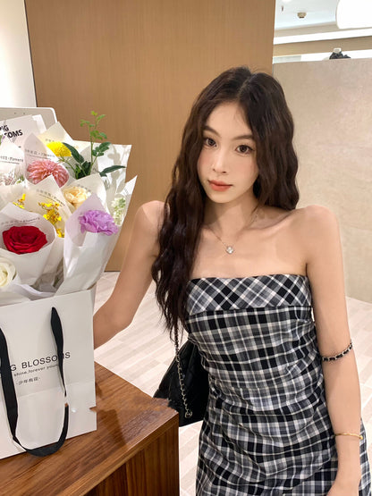 チェック柄パッチワークチュールビスチェワンピース