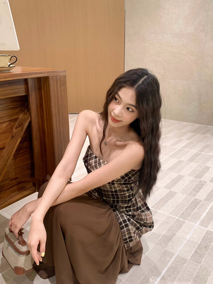 チェック柄パッチワークチュールビスチェワンピース