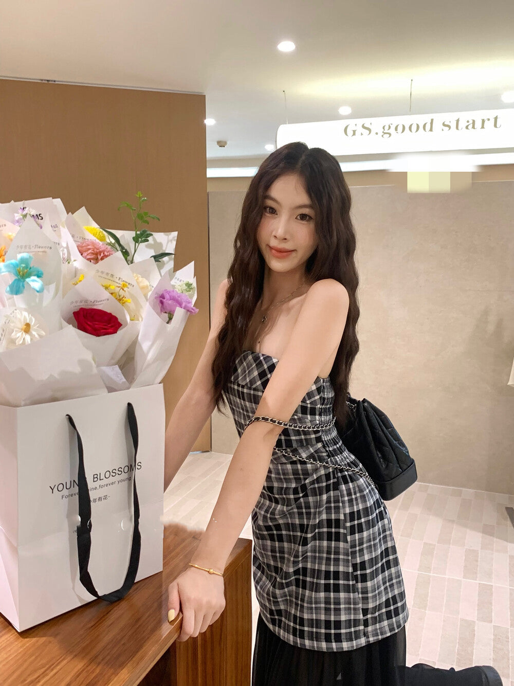 チェック柄パッチワークチュールビスチェワンピース