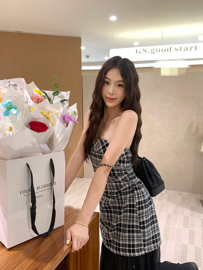 チェック柄パッチワークチュールビスチェワンピース