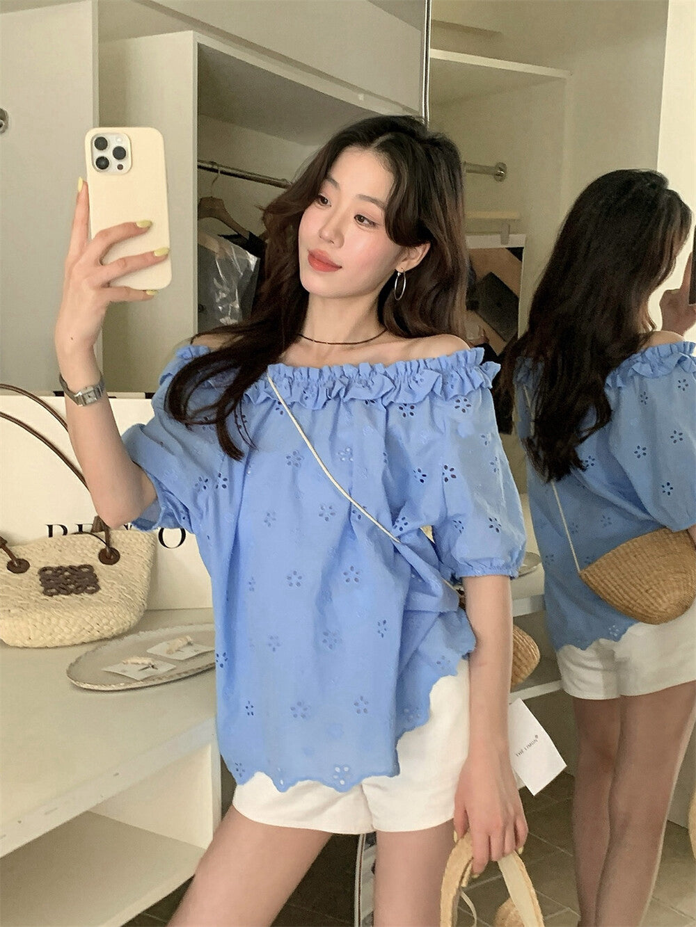 Off-the-shoulder Embroidered Lace Blouse