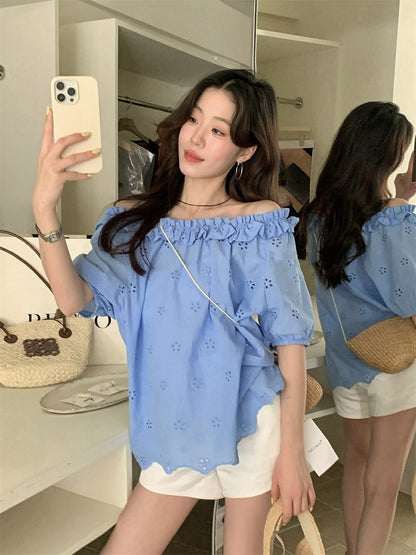 Off-the-shoulder Embroidered Lace Blouse