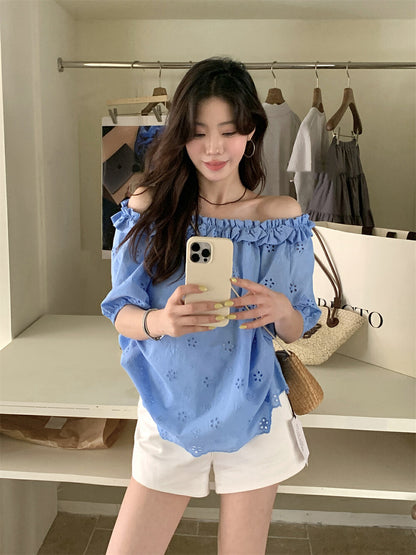 Off-the-shoulder Embroidered Lace Blouse