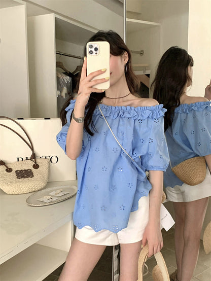 Off-the-shoulder Embroidered Lace Blouse
