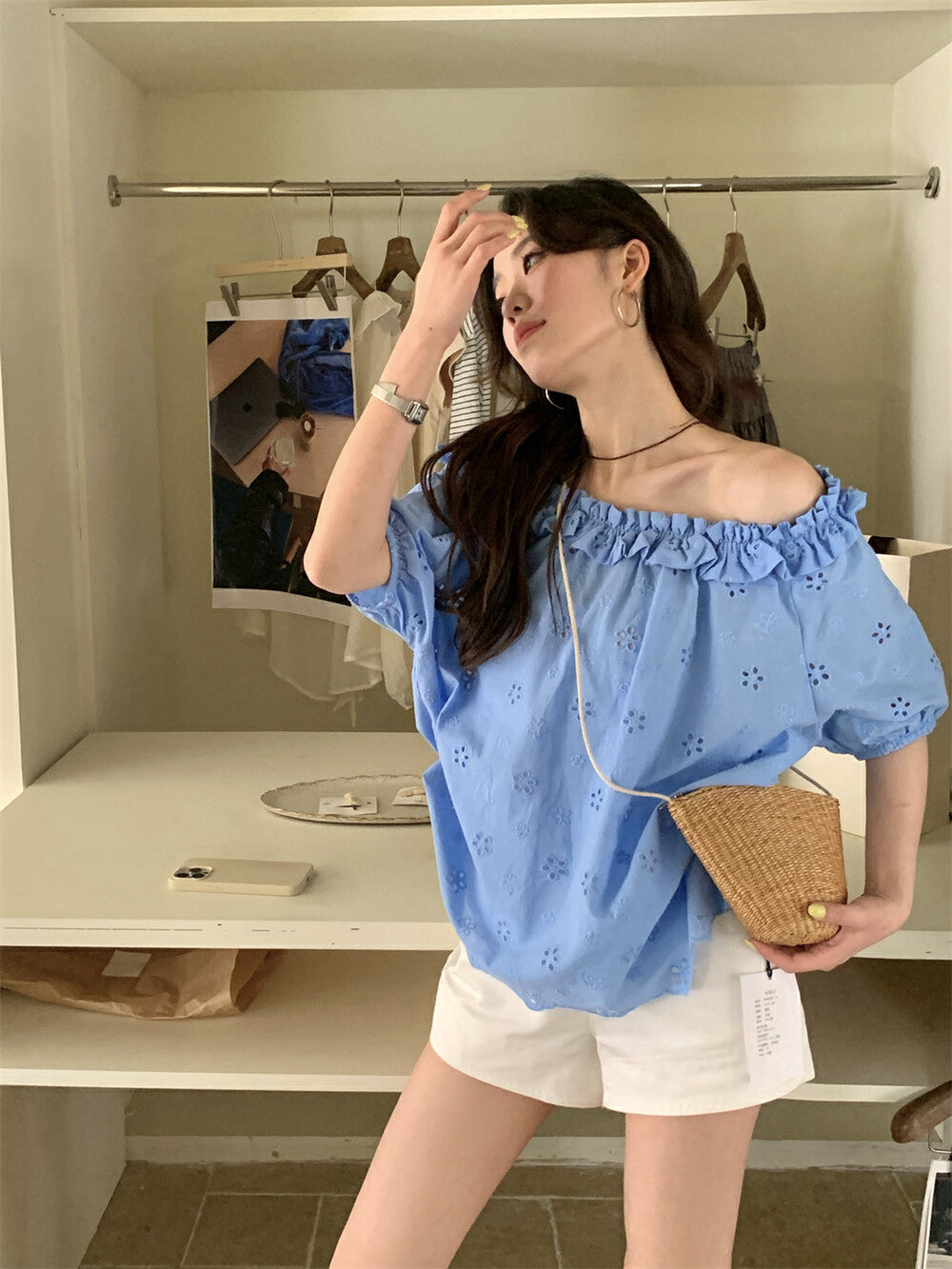 Off-the-shoulder Embroidered Lace Blouse