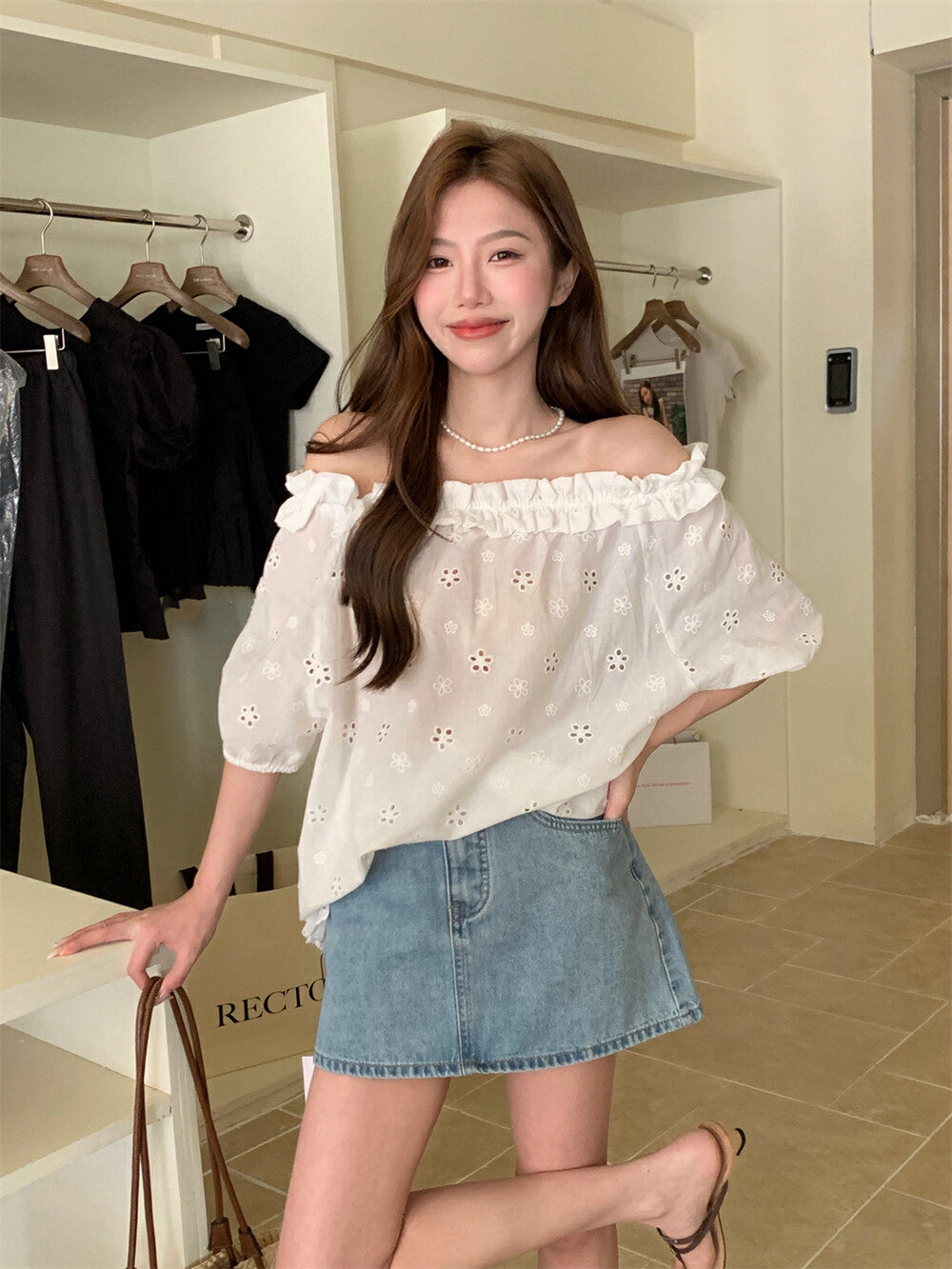 Off-the-shoulder Embroidered Lace Blouse
