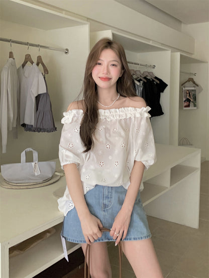 Off-the-shoulder Embroidered Lace Blouse