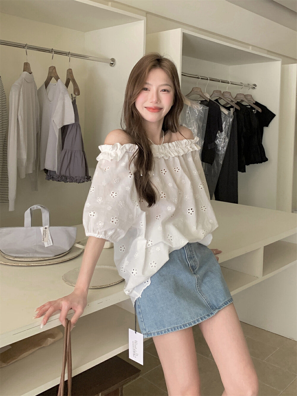 Off-the-shoulder Embroidered Lace Blouse
