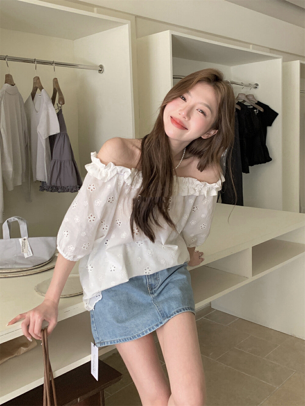 Off-the-shoulder Embroidered Lace Blouse