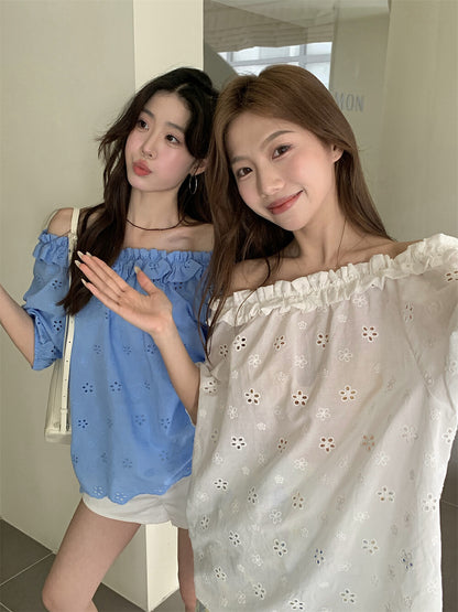 Off-the-shoulder Embroidered Lace Blouse