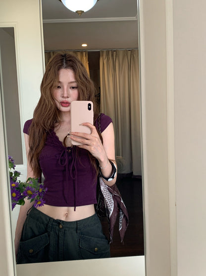 Patchwork V-neck Lace Short Sleeve