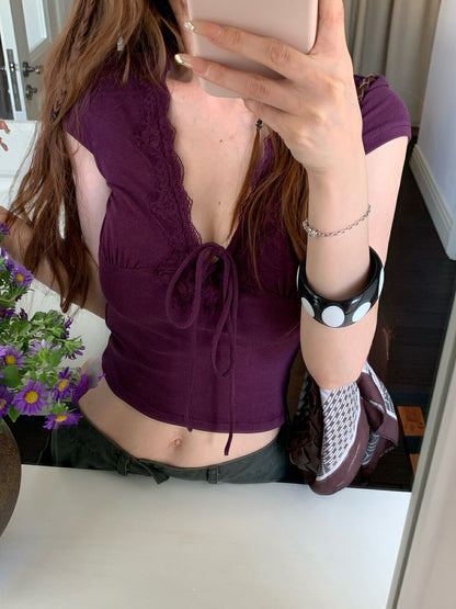 Patchwork V-neck Lace Short Sleeve